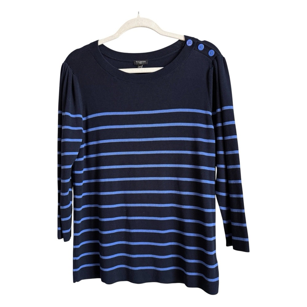 Talbots Navy Blue Striped Button Shoulder Sweater Coquette Coastal Preppy 1X NWT